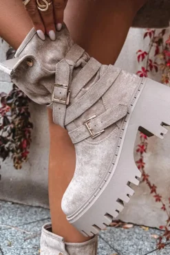 Damskie Boto Botki Damskie Na Masywnym Obcasie Z Klamrami I Paskiem Beżowe Nerelisa