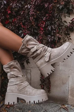 Damskie Boto Botki Damskie Na Masywnym Obcasie Z Klamrami I Paskiem Beżowe Nerelisa