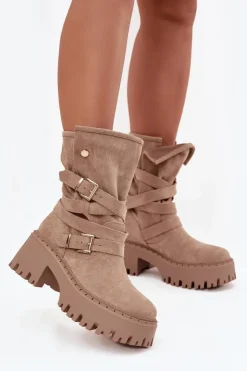 Damskie Boto Botki Damskie Na Masywnym Obcasie Z Klamrami I Paskiem Beżowe Nerelisa