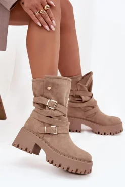 Damskie Boto Botki Damskie Na Masywnym Obcasie Z Klamrami I Paskiem Beżowe Nerelisa
