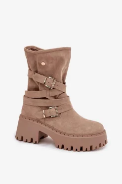 Damskie Boto Botki Damskie Na Masywnym Obcasie Z Klamrami I Paskiem Beżowe Nerelisa