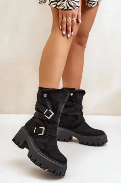 Sale Boto Botki Damskie Na Masywnym Obcasie Z Klamrami I Paskiem Czarne Nerelisa Czarny