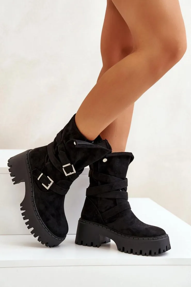 Sale Boto Botki Damskie Na Masywnym Obcasie Z Klamrami I Paskiem Czarne Nerelisa Czarny