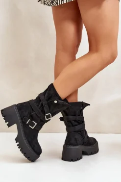 Sale Boto Botki Damskie Na Masywnym Obcasie Z Klamrami I Paskiem Czarne Nerelisa Czarny