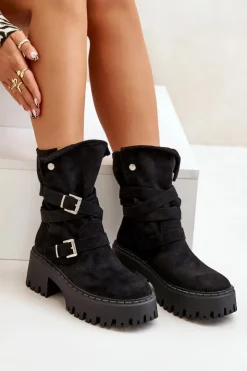 Sale Boto Botki Damskie Na Masywnym Obcasie Z Klamrami I Paskiem Czarne Nerelisa Czarny