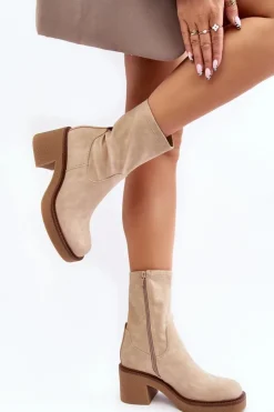 Damskie Buty Sergio Leone Botki Damskie Na Masywnym Obcasie Beżowe Tozanna