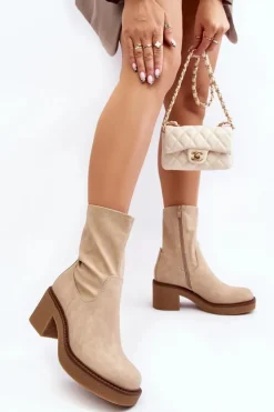 Damskie Buty Sergio Leone Botki Damskie Na Masywnym Obcasie Beżowe Tozanna