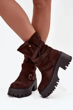 Boto Czarne Botki|Botki Na Obcasie*Botki Damskie Na Masywnym Obcasie Z Klamrami I Paskiem Czekoladowe Nerelisa Brązowy