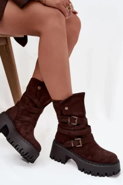 Boto Czarne Botki|Botki Na Obcasie*Botki Damskie Na Masywnym Obcasie Z Klamrami I Paskiem Czekoladowe Nerelisa Brązowy