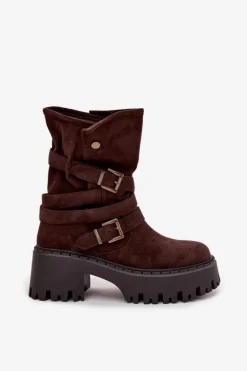 Boto Czarne Botki|Botki Na Obcasie*Botki Damskie Na Masywnym Obcasie Z Klamrami I Paskiem Czekoladowe Nerelisa Brązowy