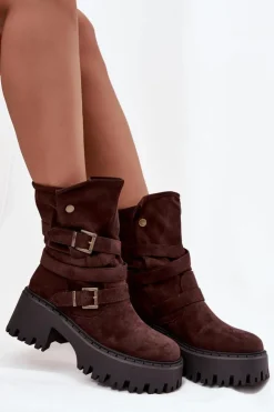 Boto Czarne Botki|Botki Na Obcasie*Botki Damskie Na Masywnym Obcasie Z Klamrami I Paskiem Czekoladowe Nerelisa Brązowy