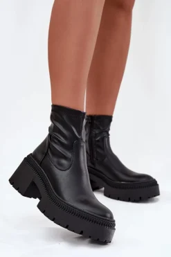Damskie Boto Botki Damskie Na Masywnym Obcasie I Platformie Eko Skórzane Czarne Elvianne