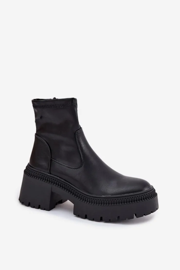 Damskie Boto Botki Damskie Na Masywnym Obcasie I Platformie Eko Skórzane Czarne Elvianne