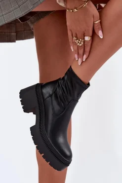 Damskie Boto Botki Damskie Na Masywnym Obcasie I Platformie Eko Skórzane Czarne Elvianne