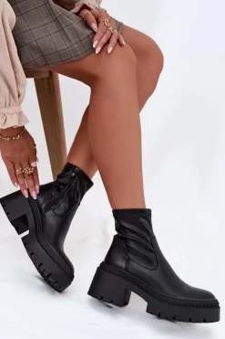 Damskie Boto Botki Damskie Na Masywnym Obcasie I Platformie Eko Skórzane Czarne Elvianne