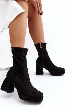 Damskie Boto Botki Damskie Na Masywnym Obcasie I Platformie Czarne Adelles