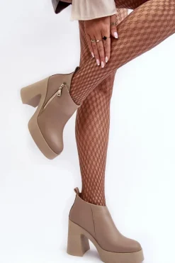 Zazoo Botki Ocieplane|Botki Skórzane*Botki Damskie Na Masywnym Słupku Z Suwakiem 1755 Beżowe