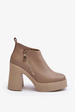 Zazoo Botki Ocieplane|Botki Skórzane*Botki Damskie Na Masywnym Słupku Z Suwakiem 1755 Beżowe