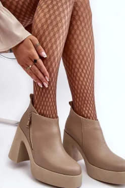 Zazoo Botki Ocieplane|Botki Skórzane*Botki Damskie Na Masywnym Słupku Z Suwakiem 1755 Beżowe