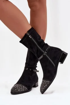 D&A Botki Ocieplane|Botki Na Obcasie*Botki Damskie Na Niskim Obcasie Ze Zdobieniem I Paskiem MR52-165 Czarne