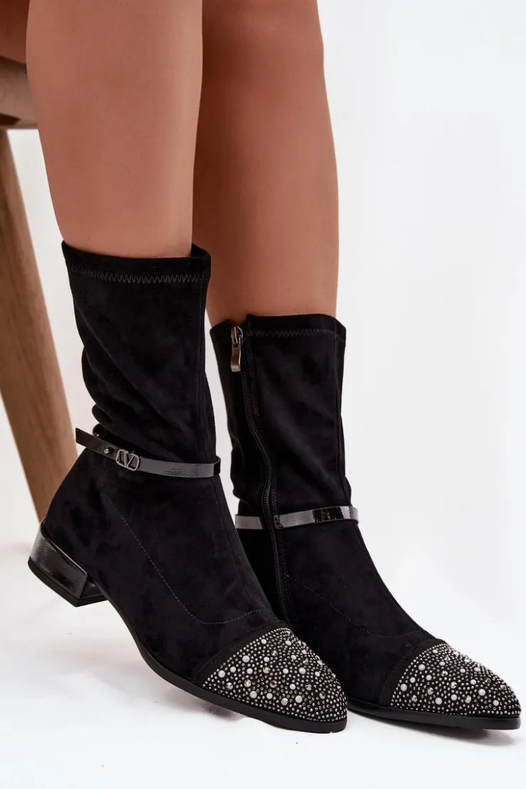 D&A Botki Ocieplane|Botki Na Obcasie*Botki Damskie Na Niskim Obcasie Ze Zdobieniem I Paskiem MR52-165 Czarne