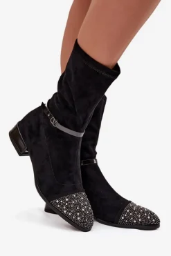 D&A Botki Ocieplane|Botki Na Obcasie*Botki Damskie Na Niskim Obcasie Ze Zdobieniem I Paskiem MR52-165 Czarne