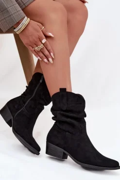Damskie Boto Botki Damskie Na Niskim Obcasie Z Marszczeniem Czarne Adena