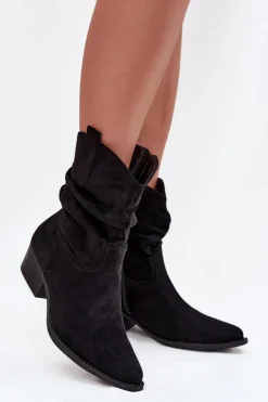 Damskie Boto Botki Damskie Na Niskim Obcasie Z Marszczeniem Czarne Adena
