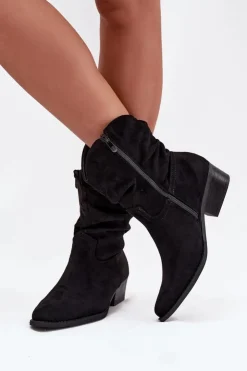Damskie Boto Botki Damskie Na Niskim Obcasie Z Marszczeniem Czarne Adena