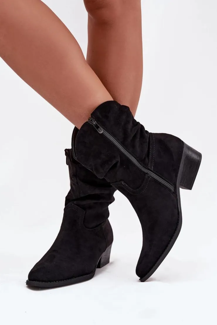 Damskie Boto Botki Damskie Na Niskim Obcasie Z Marszczeniem Czarne Adena