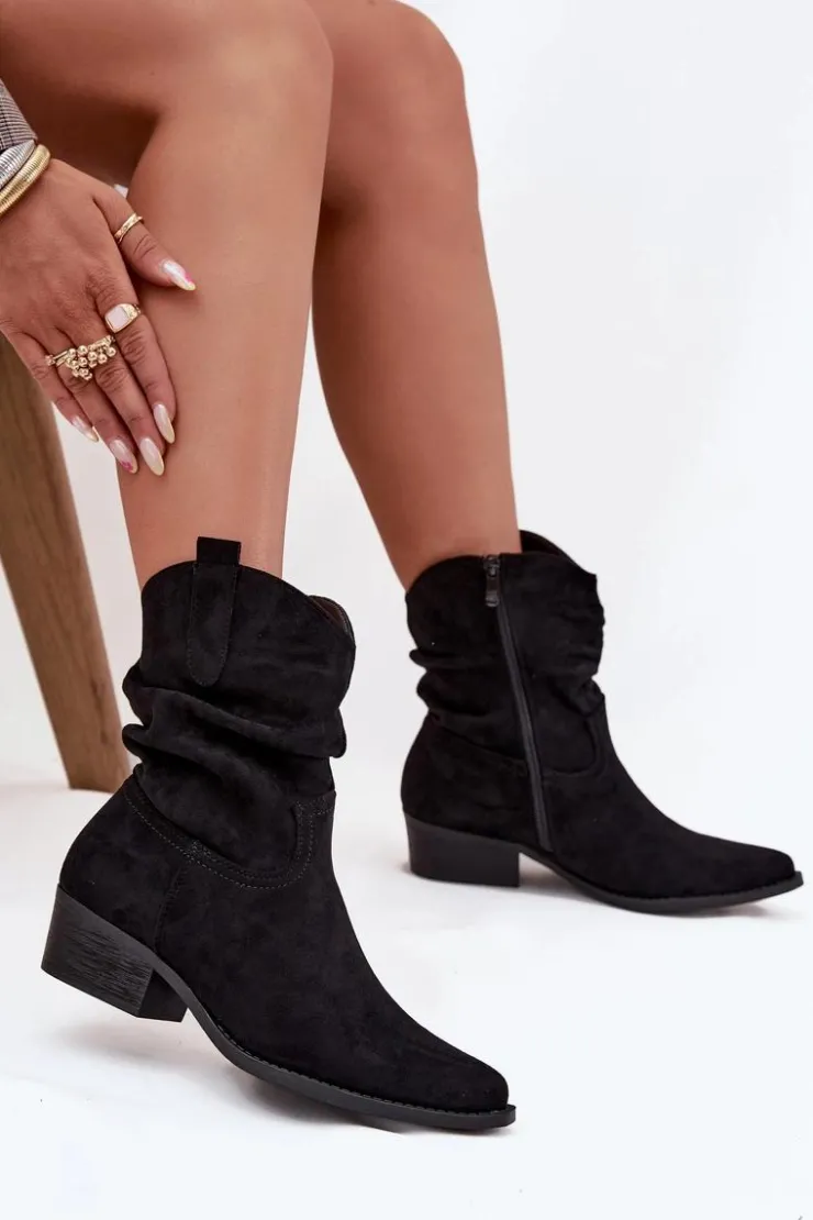 Damskie Boto Botki Damskie Na Niskim Obcasie Z Marszczeniem Czarne Adena