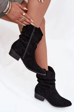Damskie Boto Botki Damskie Na Niskim Obcasie Z Marszczeniem Czarne Adena