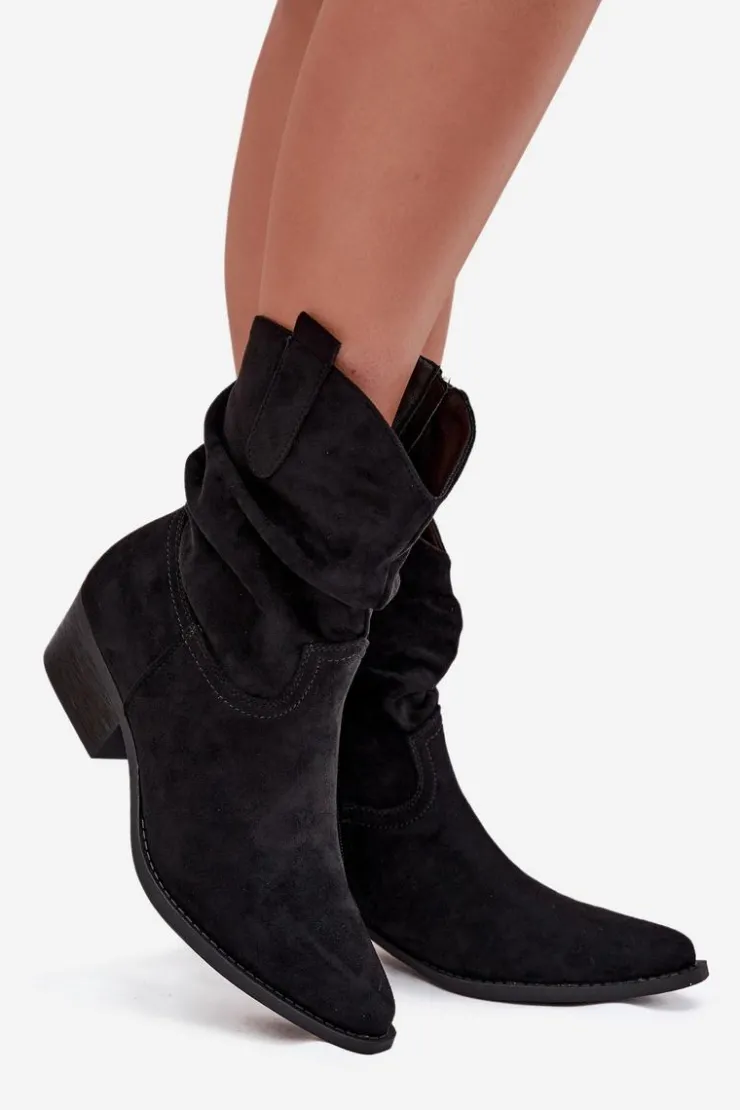 Damskie Boto Botki Damskie Na Niskim Obcasie Z Marszczeniem Czarne Adena