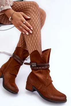Best Boto Botki Damskie Na Niskim Obcasie Z Paskami Camel Thelereia