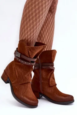 Best Boto Botki Damskie Na Niskim Obcasie Z Paskami Camel Thelereia