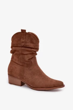 Boto Brązowe I Beżowe Botki|Botki Na Obcasie*Botki Damskie Na Niskim Obcasie Z Marszczeniem Camel Adena