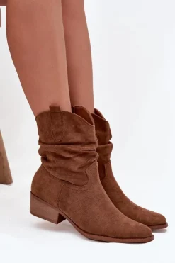 Boto Brązowe I Beżowe Botki|Botki Na Obcasie*Botki Damskie Na Niskim Obcasie Z Marszczeniem Camel Adena