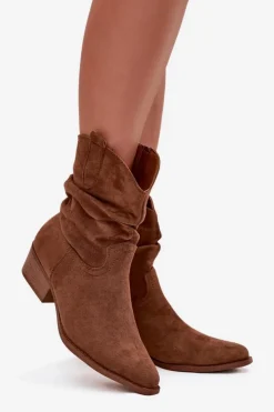 Boto Brązowe I Beżowe Botki|Botki Na Obcasie*Botki Damskie Na Niskim Obcasie Z Marszczeniem Camel Adena