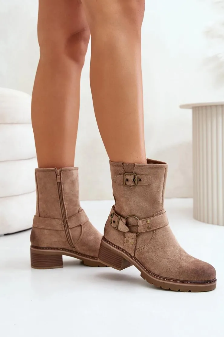 Damskie Boto Botki Damskie Na Niskim Obcasie Z Klamrami Ciemnobeżowe Zudra