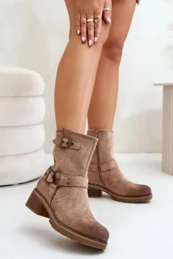 Damskie Boto Botki Damskie Na Niskim Obcasie Z Klamrami Ciemnobeżowe Zudra