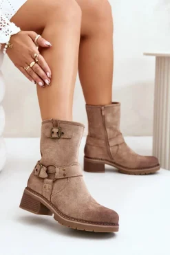 Damskie Boto Botki Damskie Na Niskim Obcasie Z Klamrami Ciemnobeżowe Zudra