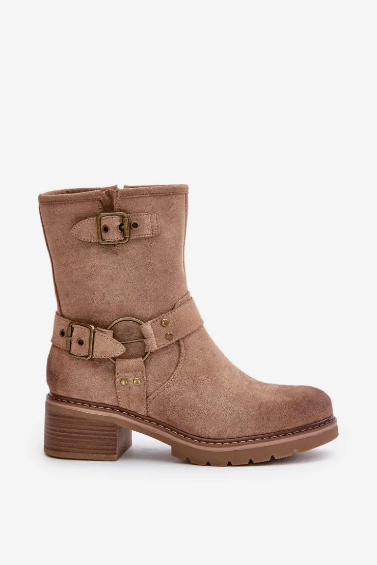 Damskie Boto Botki Damskie Na Niskim Obcasie Z Klamrami Ciemnobeżowe Zudra