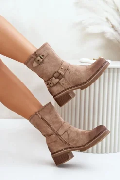 Damskie Boto Botki Damskie Na Niskim Obcasie Z Klamrami Ciemnobeżowe Zudra