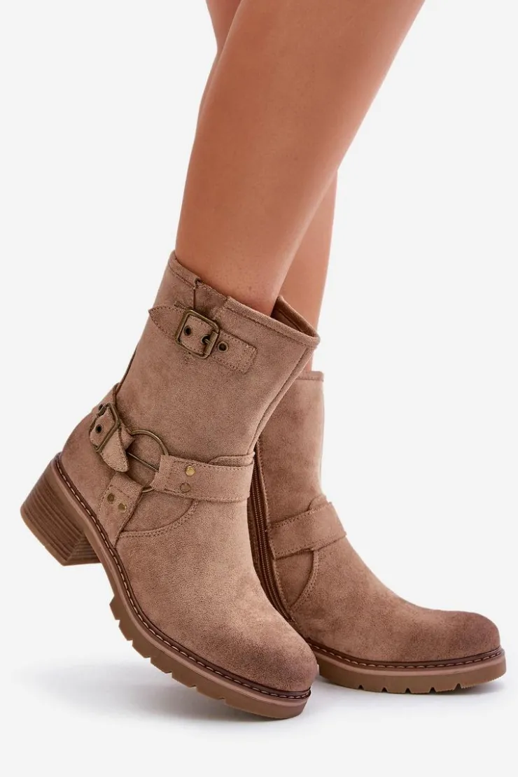 Damskie Boto Botki Damskie Na Niskim Obcasie Z Klamrami Ciemnobeżowe Zudra