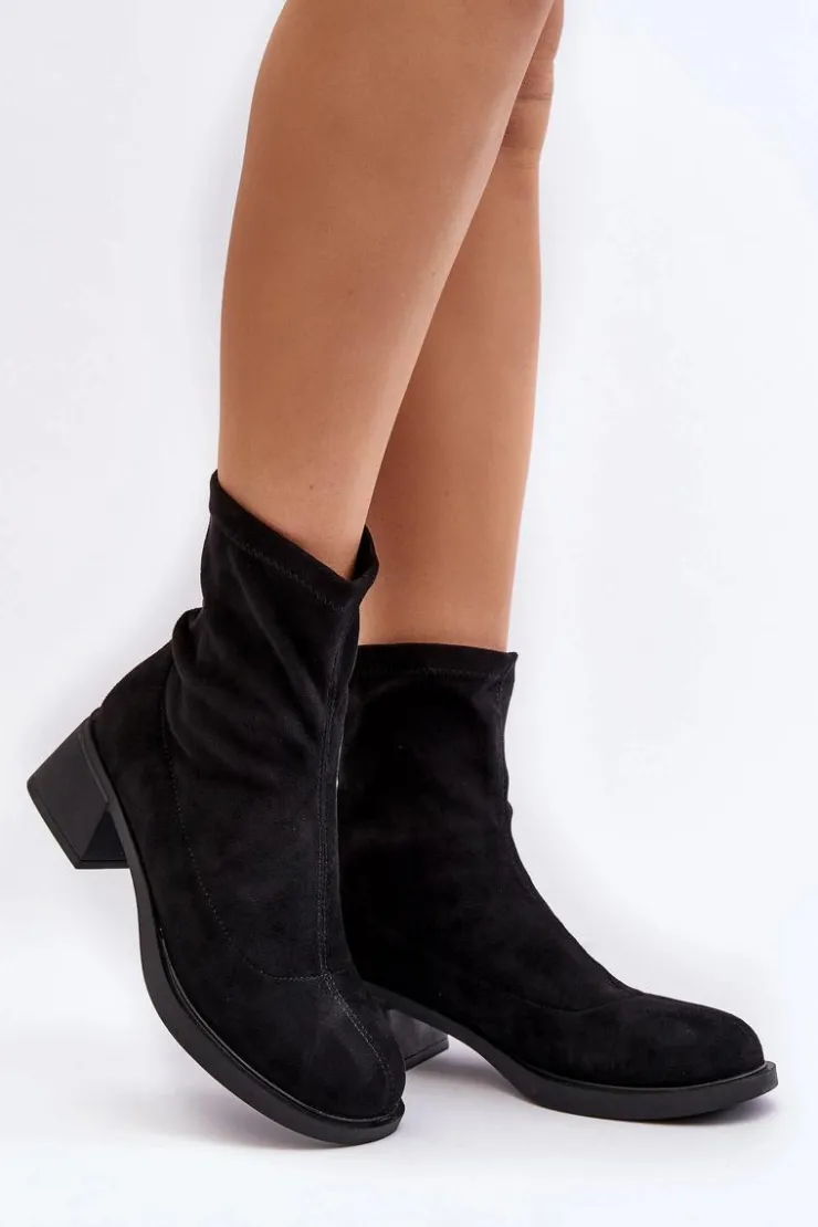 Discount Evento Botki Damskie Na Niskim Obcasie Czarne Aphroteia - Zamsz Czarny