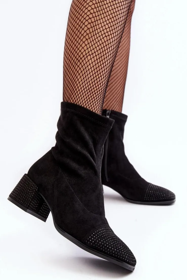 Boto Botki Na Słupku|Czarne Botki*Botki Damskie Na Niskim Obcasie Ze Zdobieniem Czarne Vissias