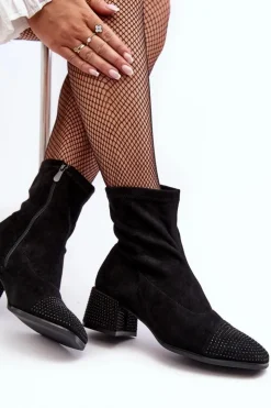 Boto Botki Na Słupku|Czarne Botki*Botki Damskie Na Niskim Obcasie Ze Zdobieniem Czarne Vissias