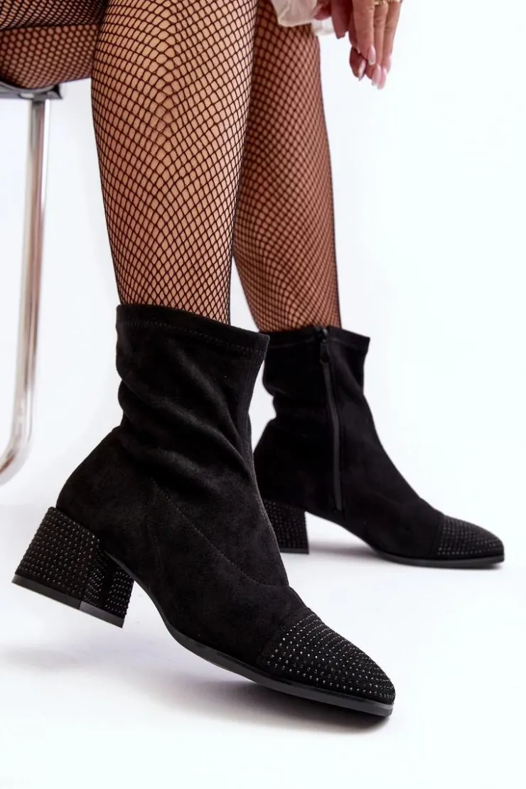 Boto Botki Na Słupku|Czarne Botki*Botki Damskie Na Niskim Obcasie Ze Zdobieniem Czarne Vissias