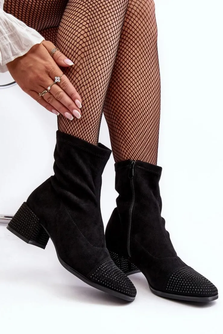 Boto Botki Na Słupku|Czarne Botki*Botki Damskie Na Niskim Obcasie Ze Zdobieniem Czarne Vissias