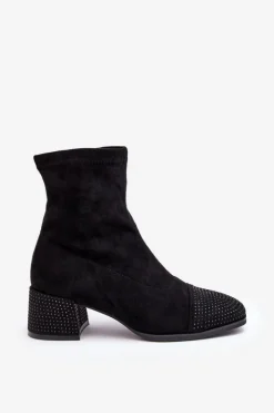 Boto Botki Na Słupku|Czarne Botki*Botki Damskie Na Niskim Obcasie Ze Zdobieniem Czarne Vissias